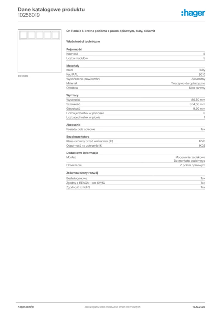 Zdjęcie Hager Karta katalogowa 10256019 | Hager Polska