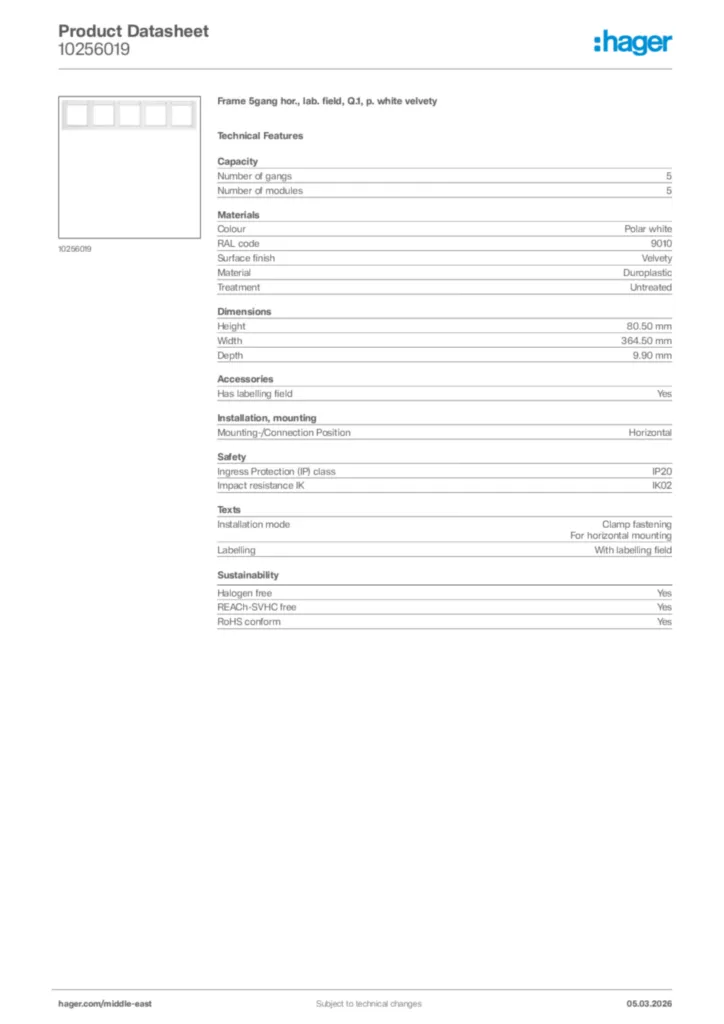 Image Hager Product data sheet 10256019  | Hager