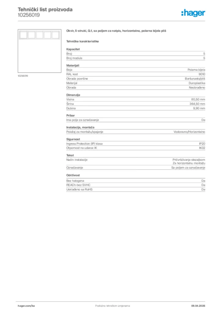 Slika Hager Tehnički list proizvoda 10256019  | Hager