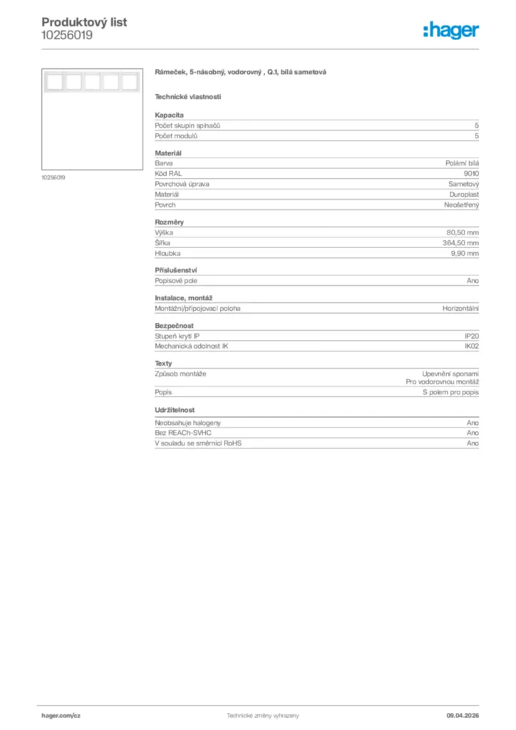 Obrázek Hager Product data sheet 10256019 | Hager