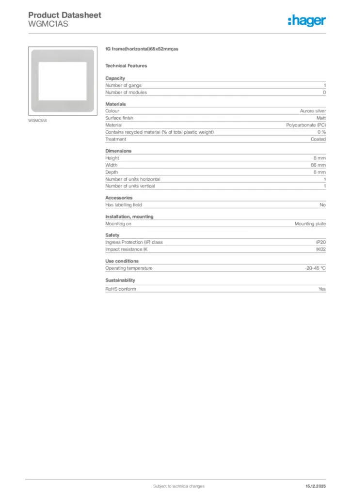 Image Hager Product data sheet WGMC1AS  | Hager Africa