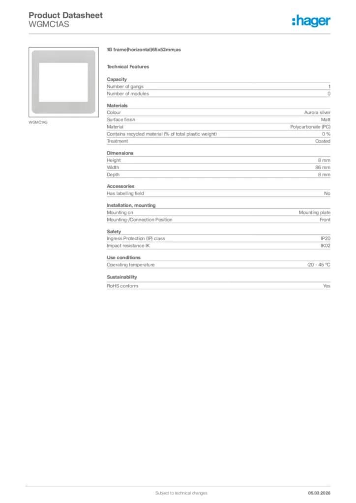 Image Hager Product data sheet WGMC1AS  | Hager Africa