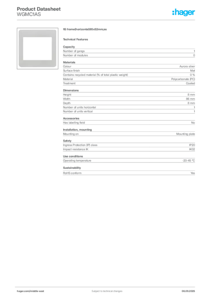 Image Hager Product data sheet WGMC1AS  | Hager