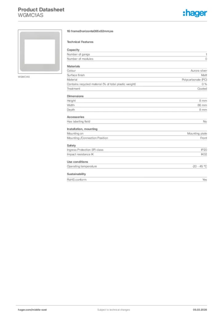 Image Hager Product data sheet WGMC1AS  | Hager