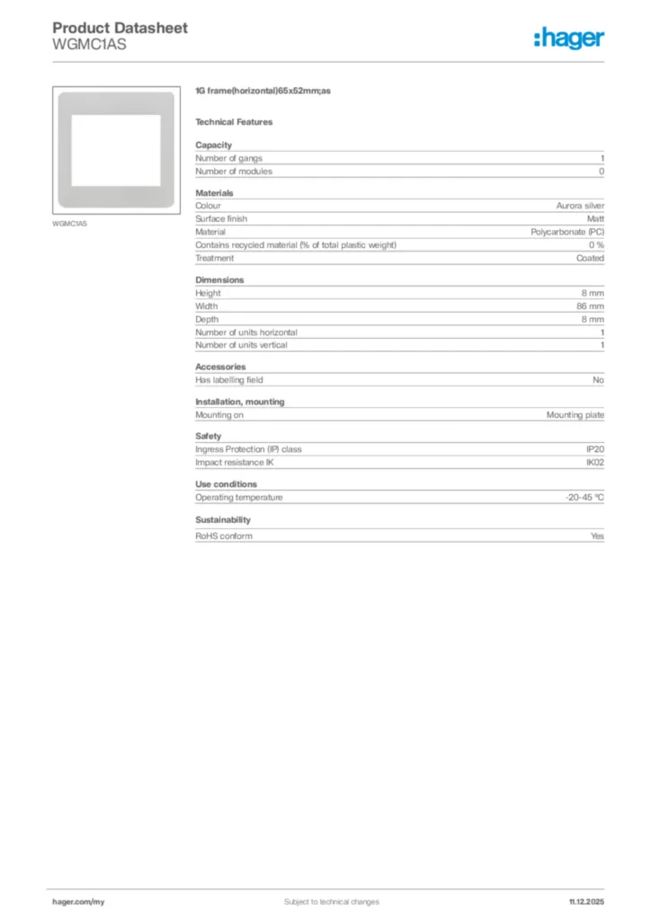 Image Hager Product data sheet WGMC1AS  | Hager