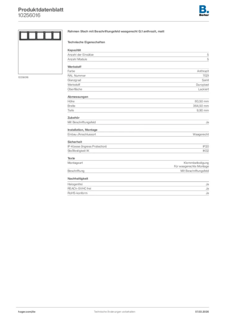 Bild Berker Produktdatenblatt 10256016 | Hager Deutschland