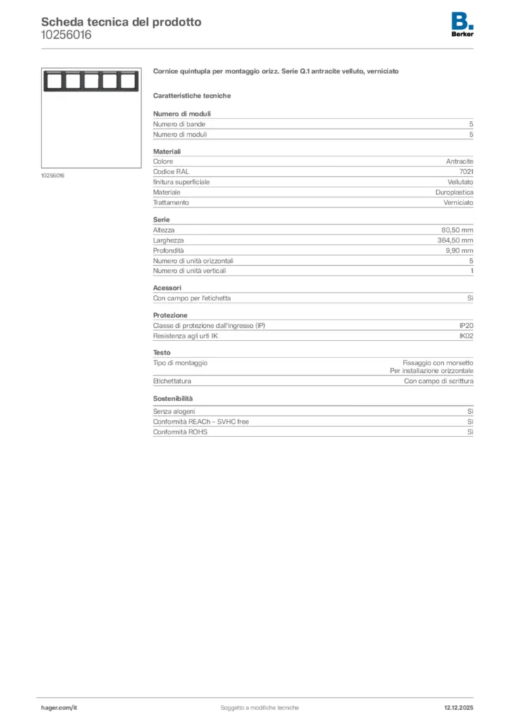 Immagine Berker Scheda tecnica del prodotto 10256016 | Hager Italia