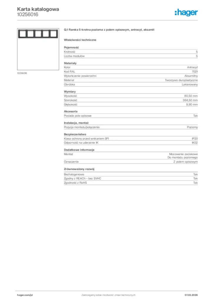 Zdjęcie Hager Karta katalogowa 10256016 | Hager Polska