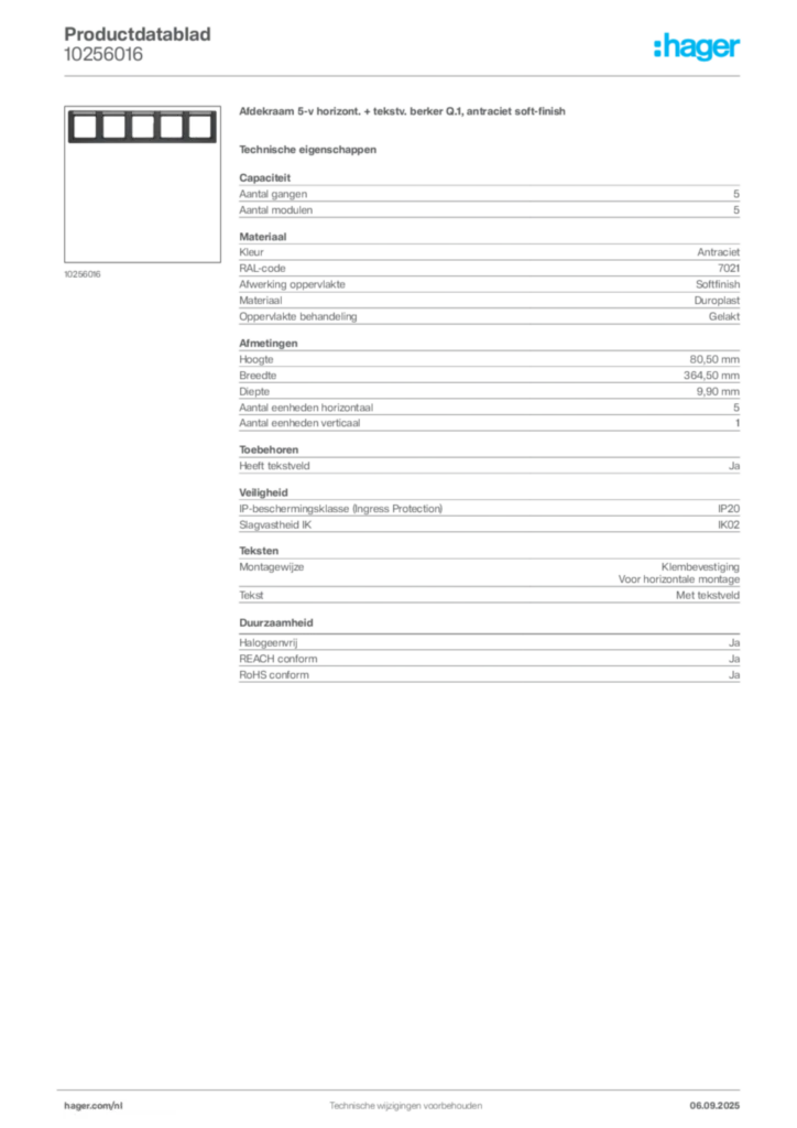 Afbeelding Hager Productdatablad 10256016 | Hager Nederland