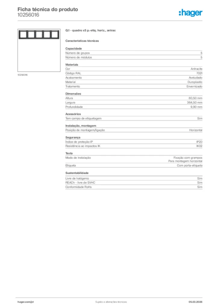 Imagem Hager Ficha técnica do produto 10256016 | Hager Portugal