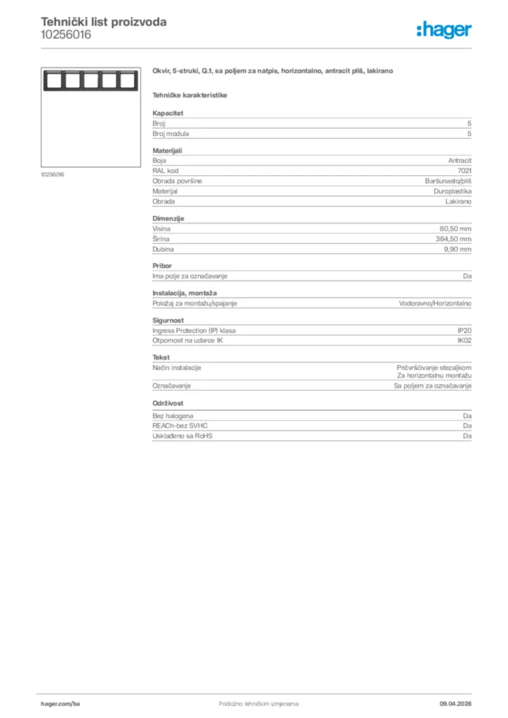 Slika Hager Tehnički list proizvoda 10256016  | Hager
