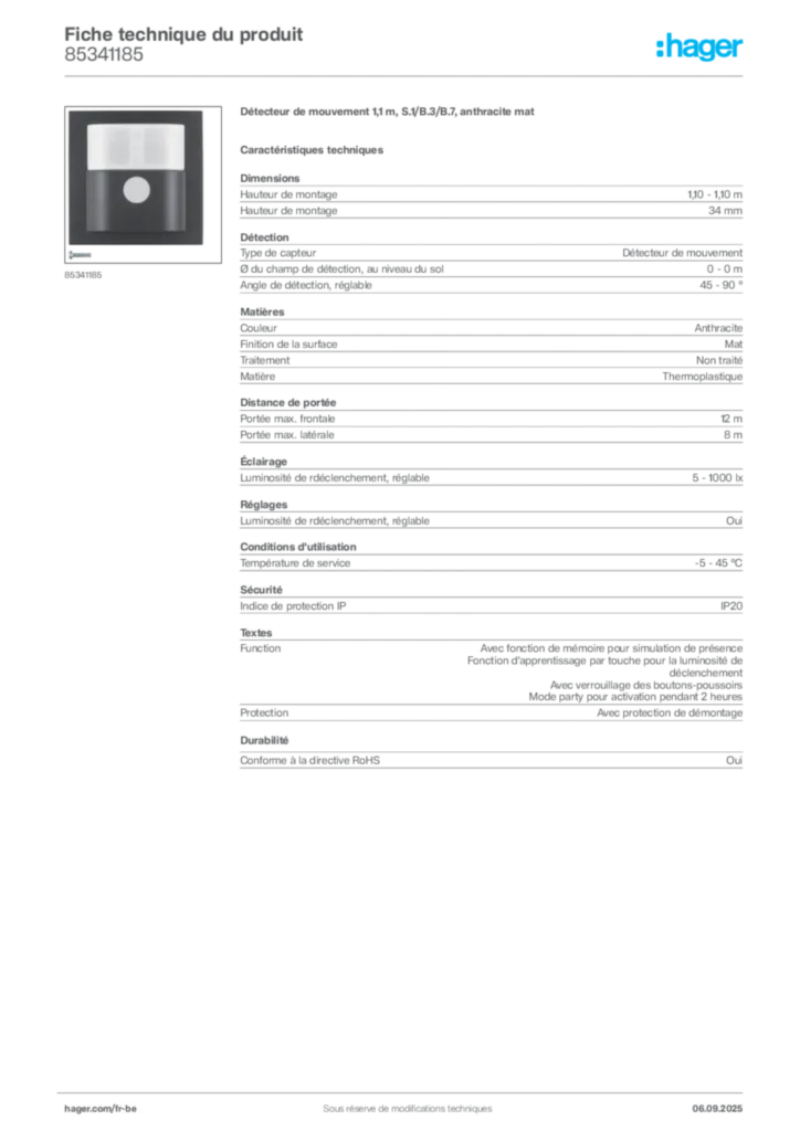 Image Hager Fiche technique du produit 85341185 | Hager Belgique