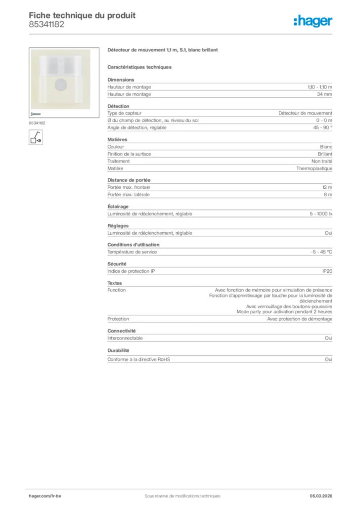 Image Hager Fiche technique du produit 85341182 | Hager Belgique