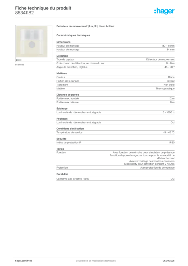 Image Hager Fiche technique du produit 85341182 | Hager Belgique