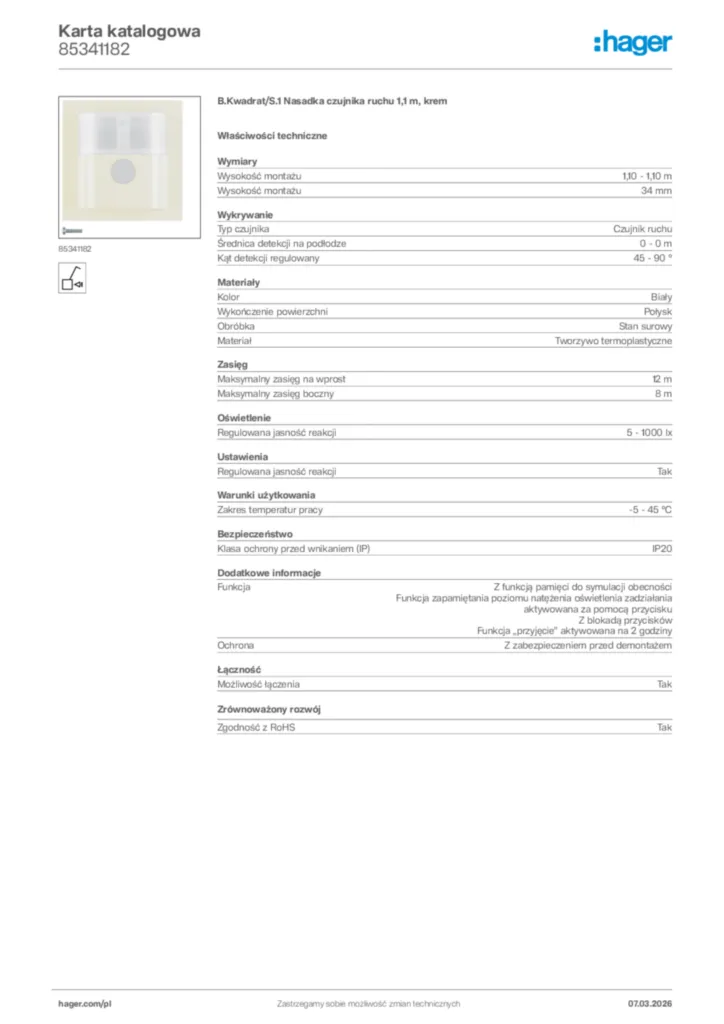 Zdjęcie Hager Karta katalogowa 85341182 | Hager Polska
