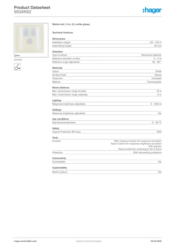Image Hager Product data sheet 85341182  | Hager
