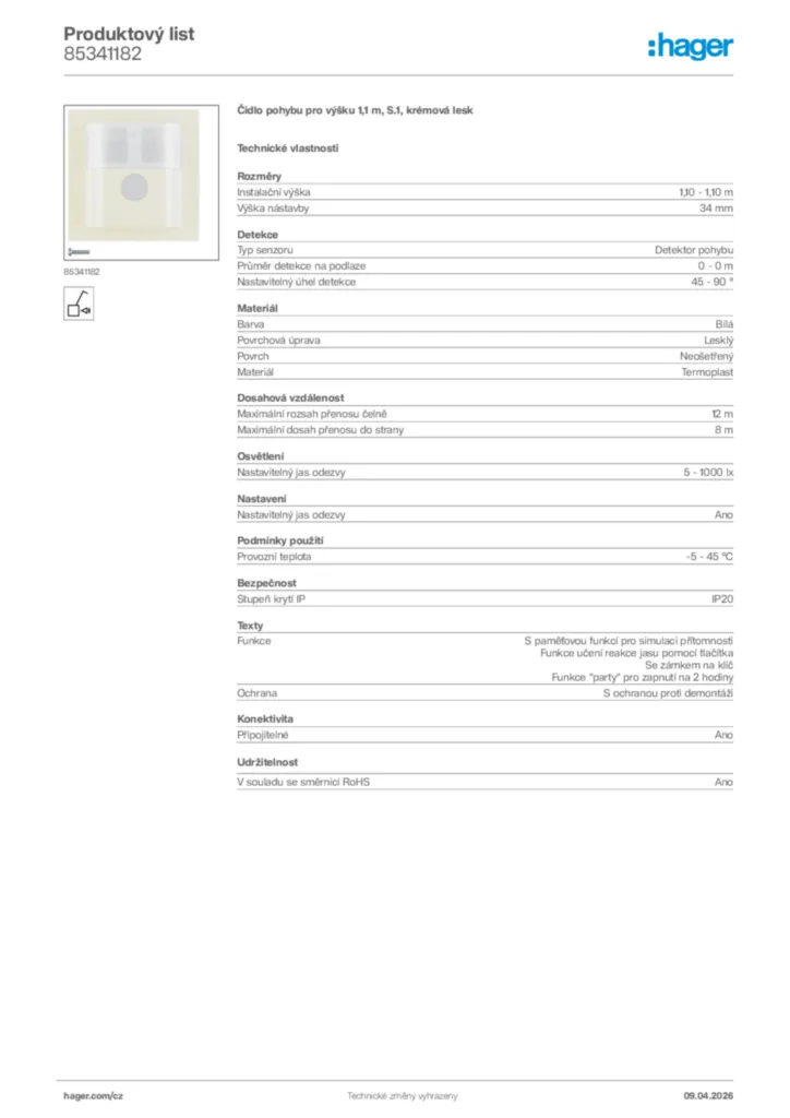 Obrázek Hager Product data sheet 85341182 | Hager