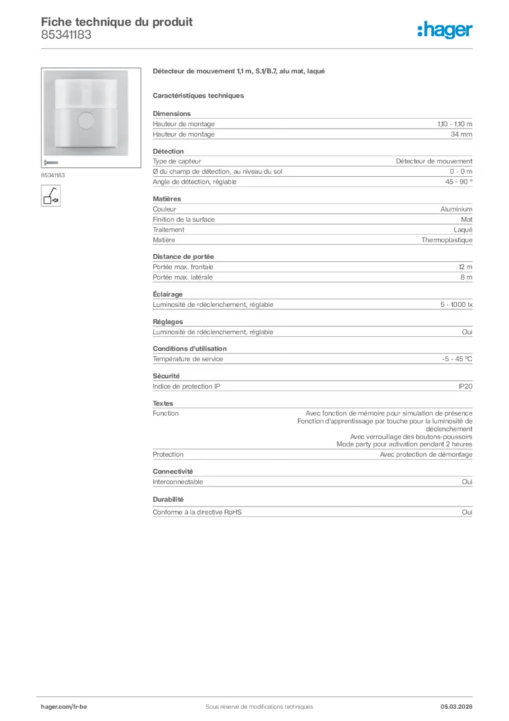 Image Hager Fiche technique du produit 85341183 | Hager Belgique