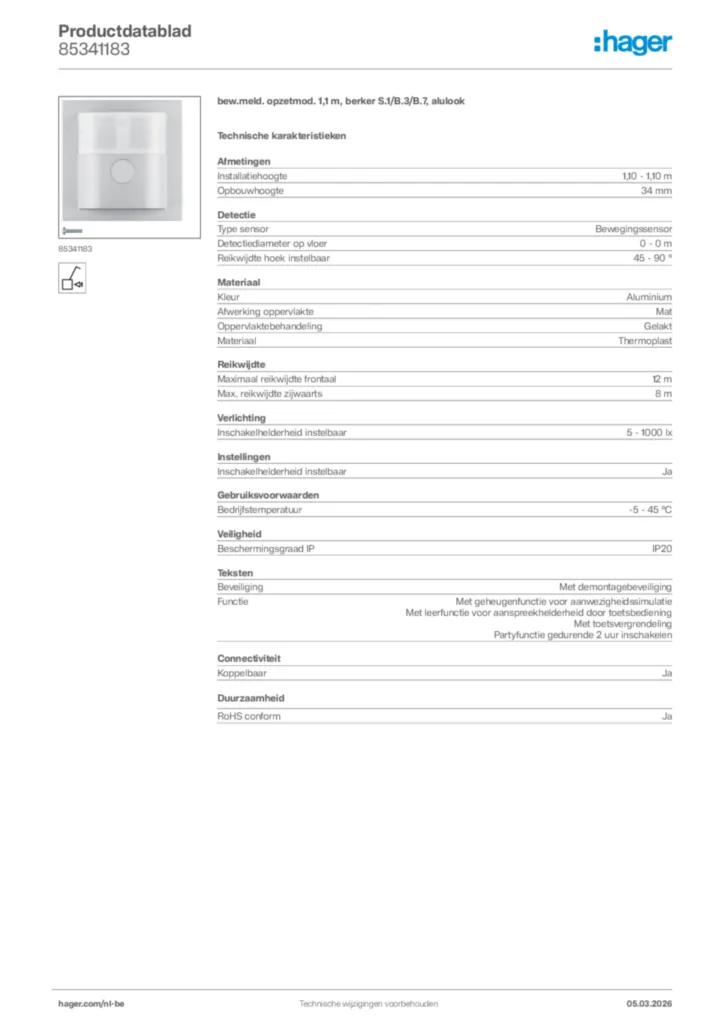 Afbeelding Hager Productdatablad 85341183 | Hager Belgium