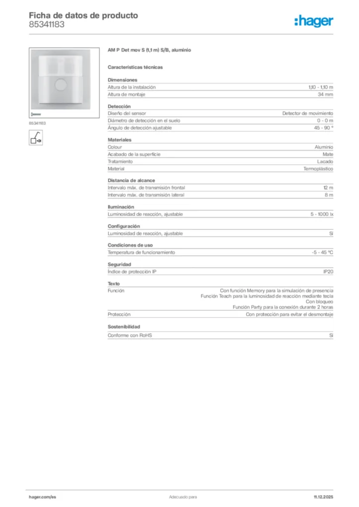 Imagen Hager Ficha de datos de producto 85341183 | Hager España