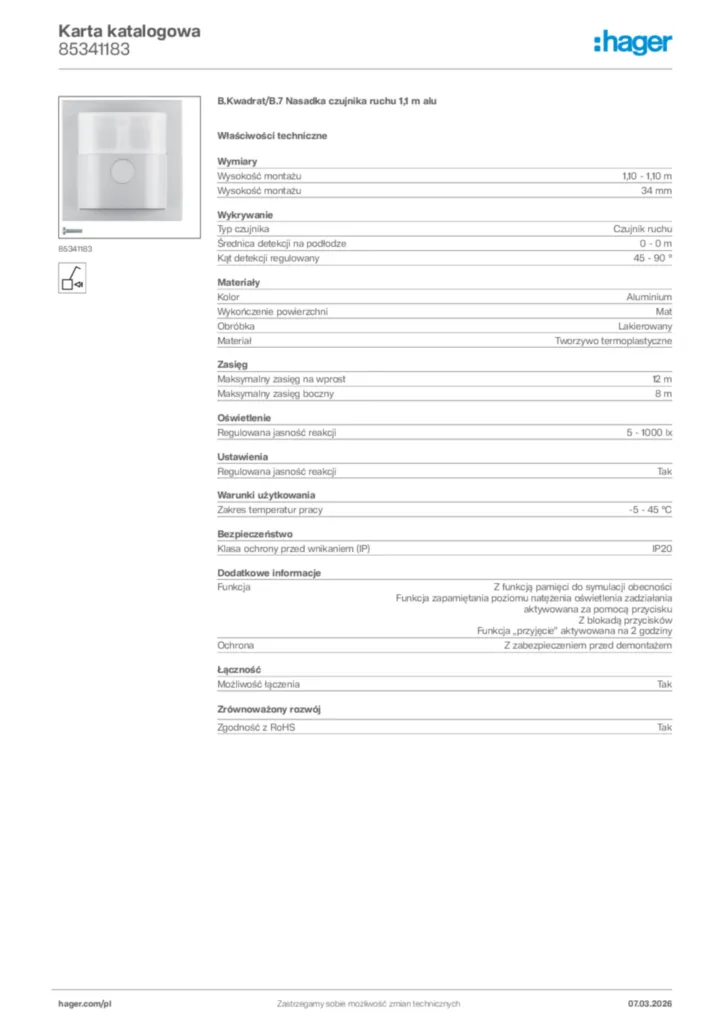 Zdjęcie Hager Karta katalogowa 85341183 | Hager Polska