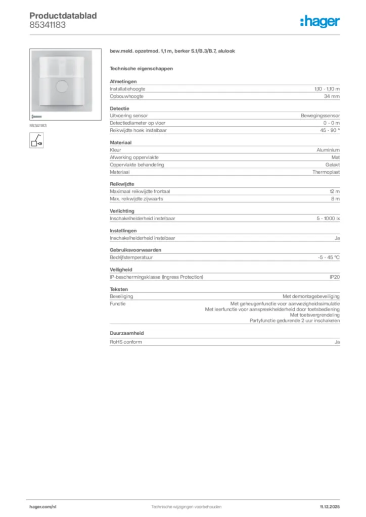 Afbeelding Hager Productdatablad 85341183 | Hager Nederland