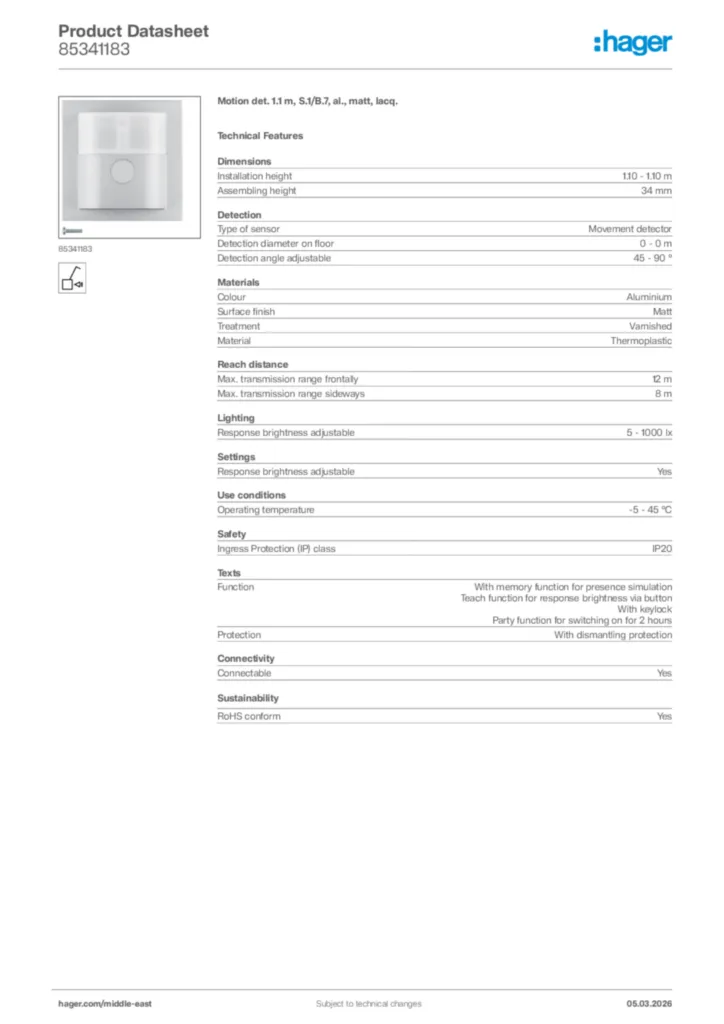 Image Hager Product data sheet 85341183  | Hager
