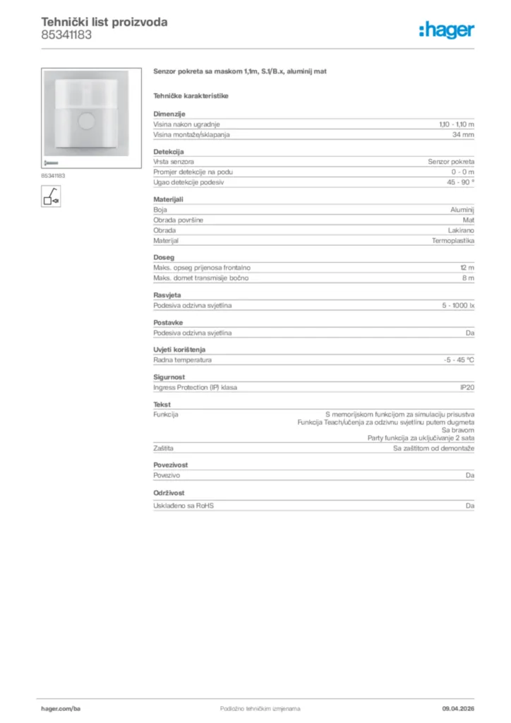 Slika Hager Tehnički list proizvoda 85341183  | Hager