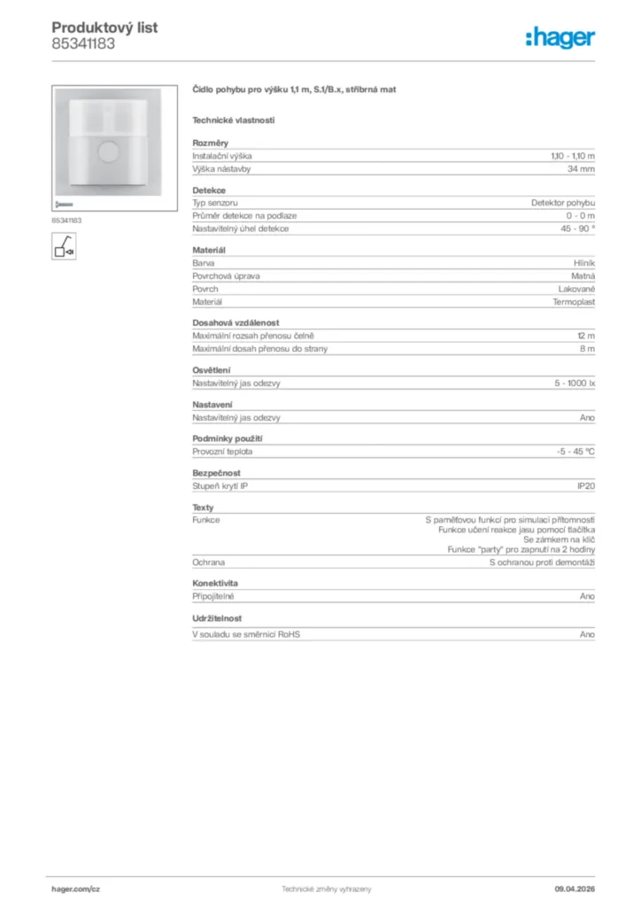 Obrázek Hager Product data sheet 85341183 | Hager