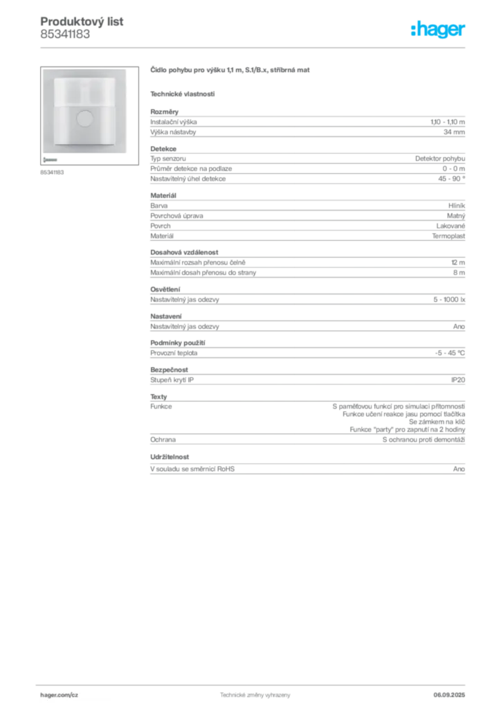 Obrázek Hager Produktový list 85341183 | Hager