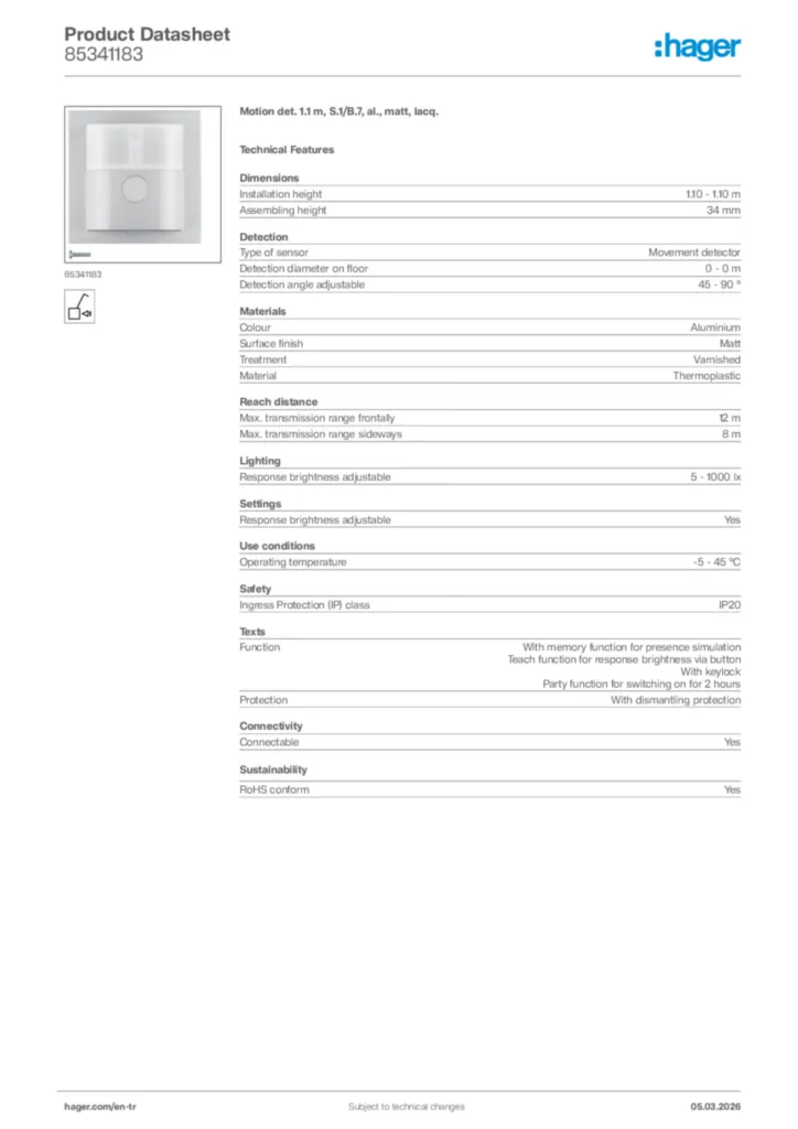 Image Hager Product data sheet 85341183  | Hager