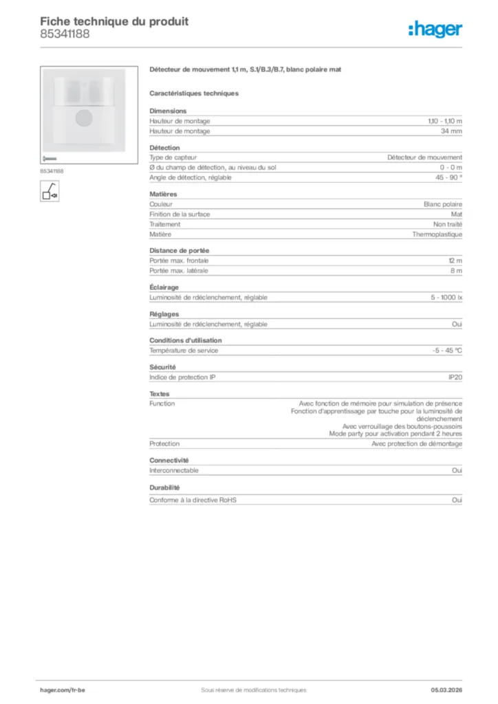 Image Hager Fiche technique du produit 85341188 | Hager Belgique