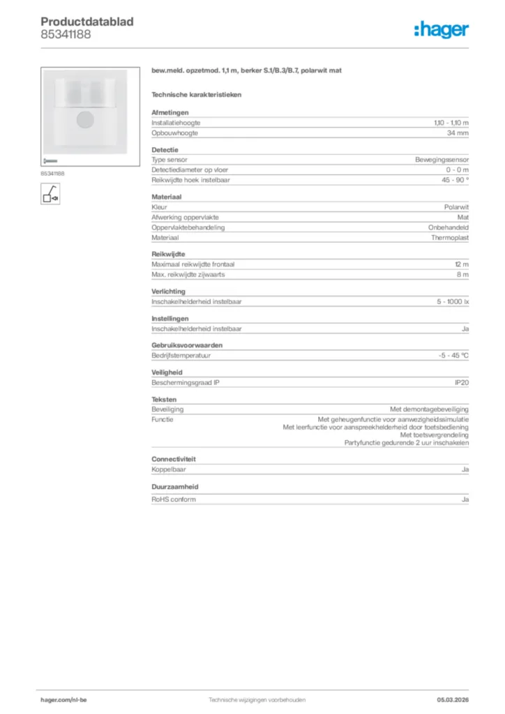 Afbeelding Hager Productdatablad 85341188 | Hager Belgium