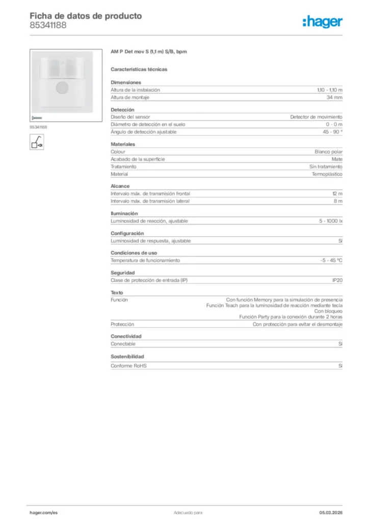 Imagen Hager Ficha de datos de producto 85341188 | Hager España