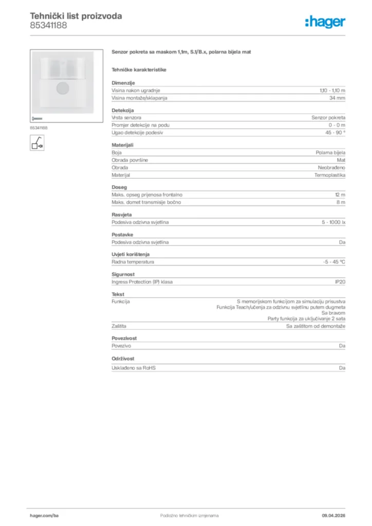 Slika Hager Tehnički list proizvoda 85341188  | Hager