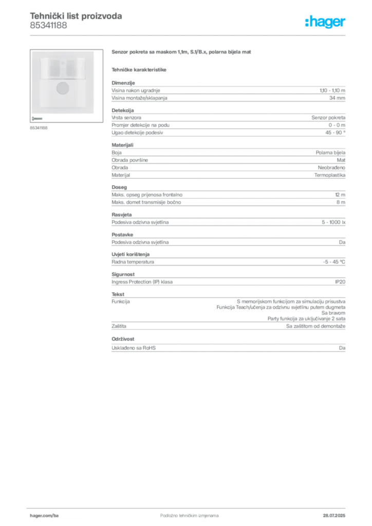 Slika Hager Product data sheet 85341188  | Hager