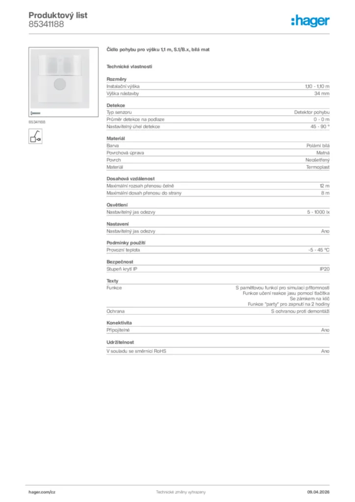 Obrázek Hager Product data sheet 85341188 | Hager