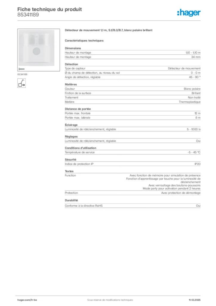 Image Hager Fiche technique du produit 85341189 | Hager Belgique