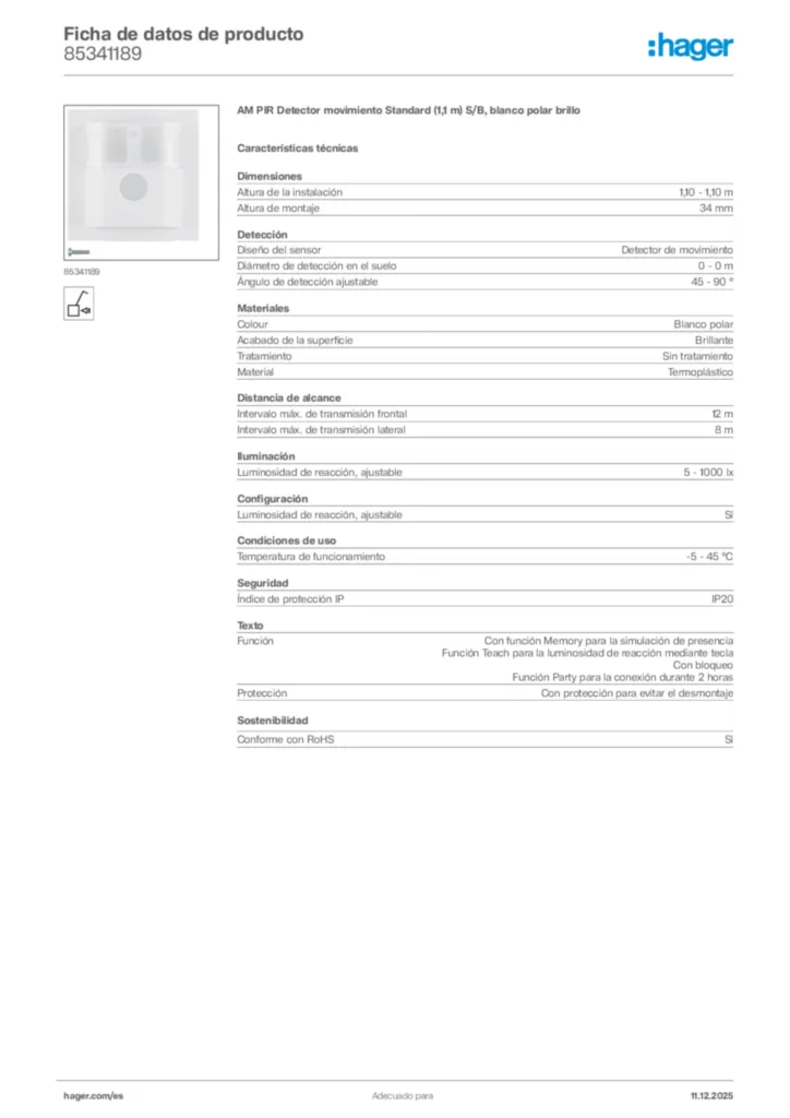 Imagen Hager Ficha de datos de producto 85341189 | Hager España