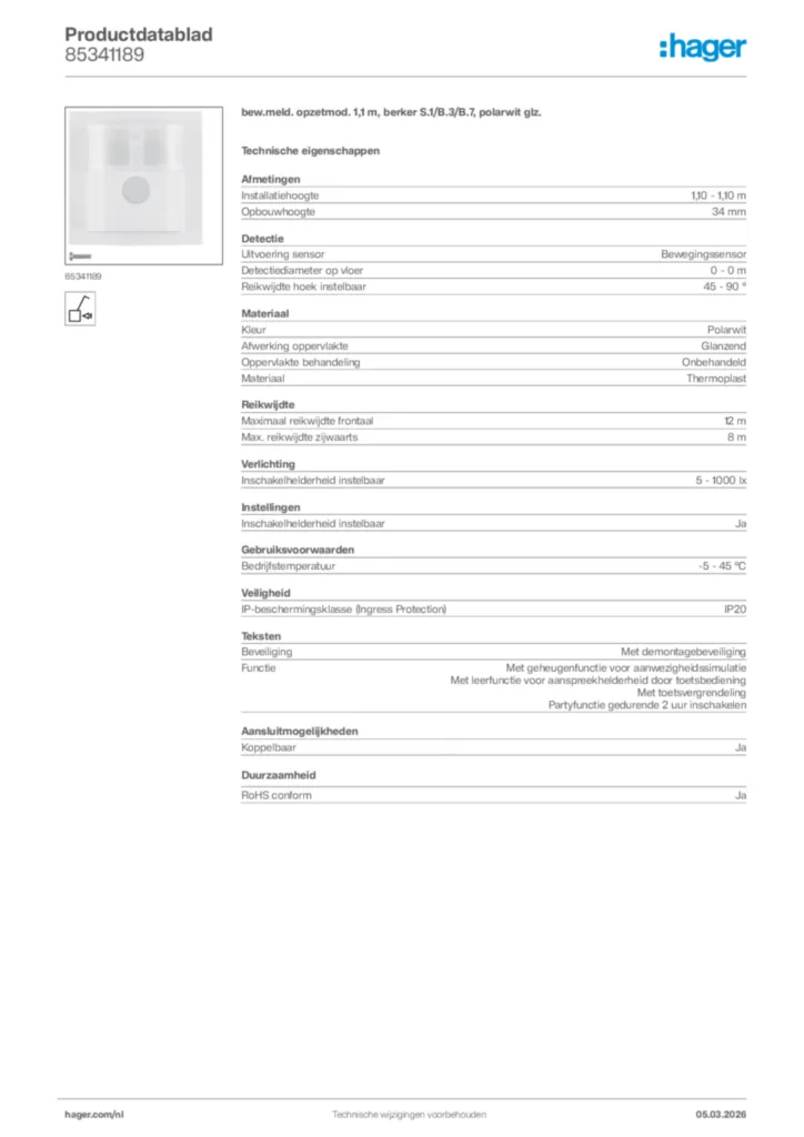 Afbeelding Hager Productdatablad 85341189 | Hager Nederland