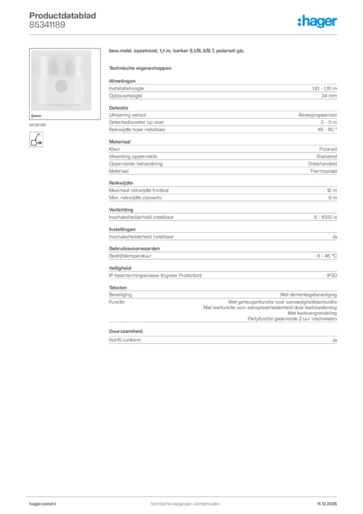 Afbeelding Hager Productdatablad 85341189 | Hager Nederland