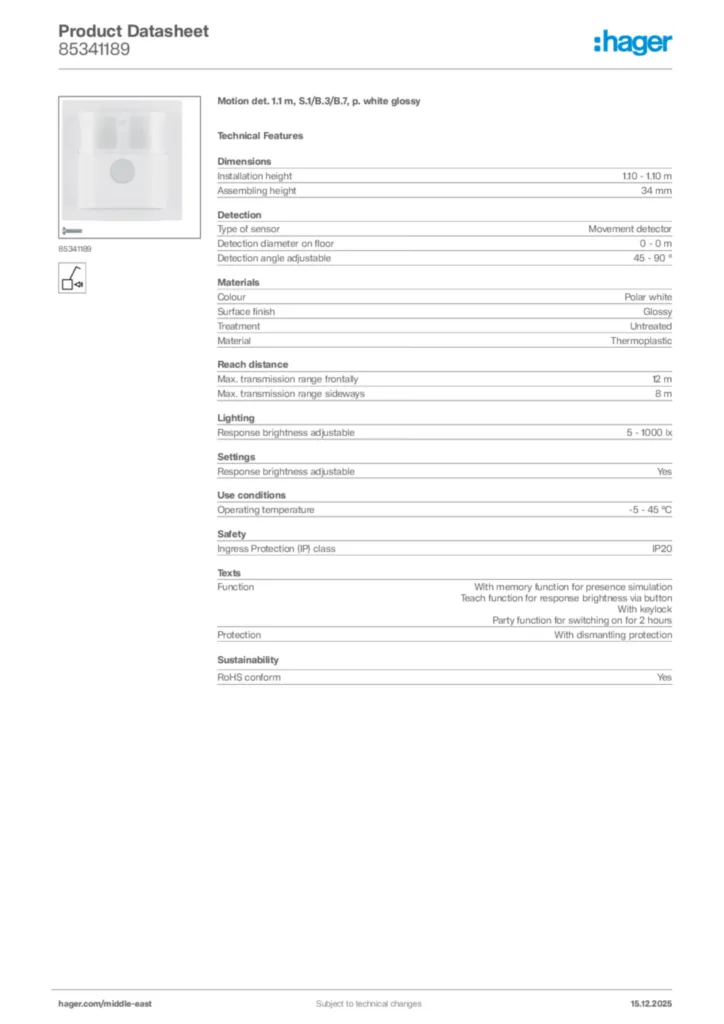 Image Hager Product data sheet 85341189  | Hager