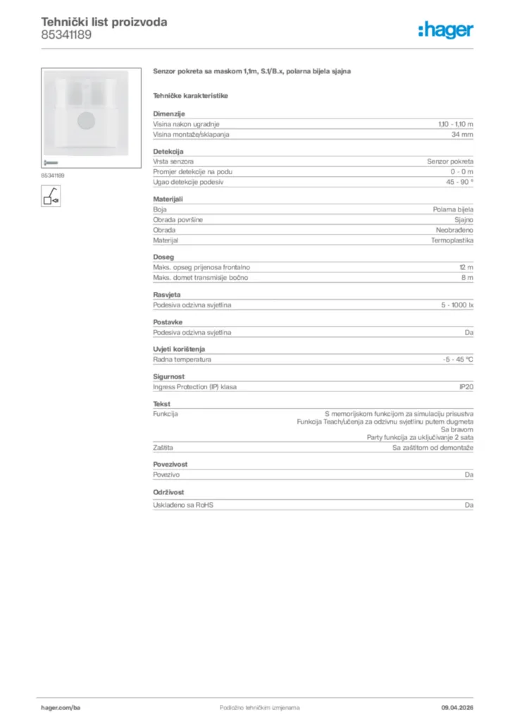 Slika Hager Tehnički list proizvoda 85341189  | Hager