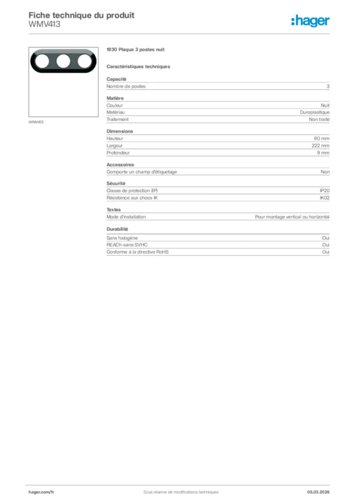 Image Hager Fiche technique du produit WMV413 | Hager France