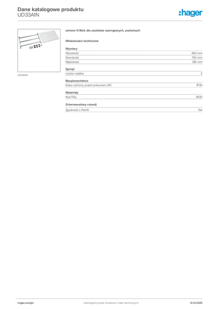 Zdjęcie Hager Karta katalogowa UD33A1N | Hager Polska