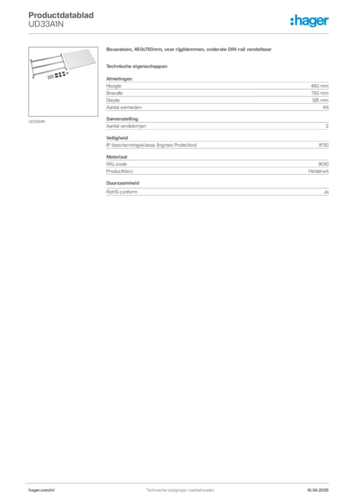 Afbeelding Hager Productdatablad UD33A1N | Hager Nederland