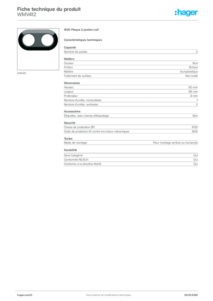 Image Hager Fiche technique du produit WMV412 | Hager France