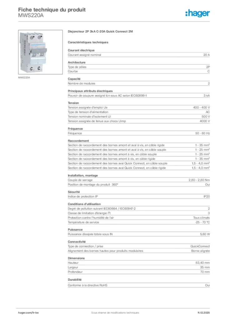 Image Hager Fiche technique du produit MWS220A | Hager Belgique