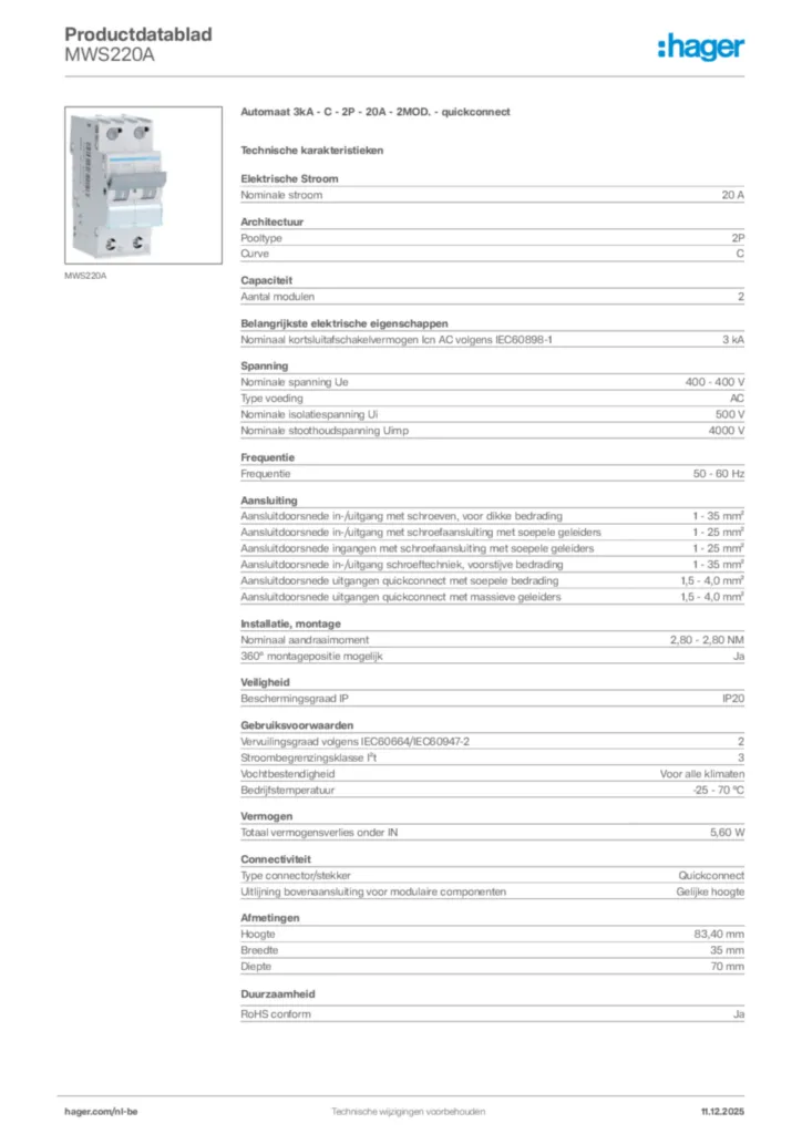 Afbeelding Hager Productdatablad MWS220A | Hager Belgium