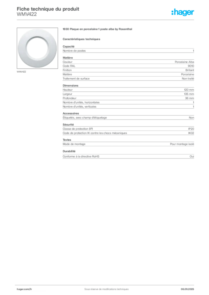 Image Hager Fiche technique du produit WMV422 | Hager France